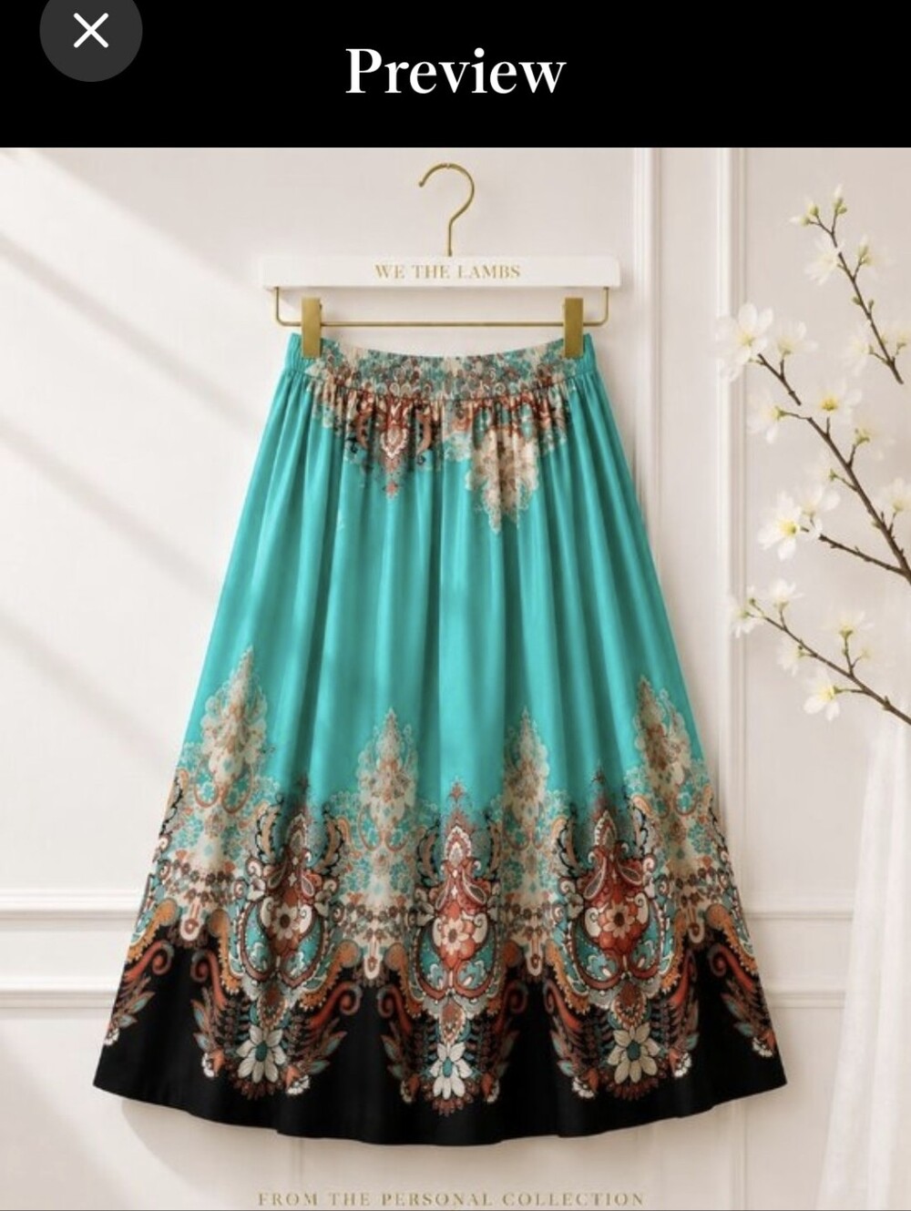 Summer Turquoise Paisley Boho Travel Statement Maxi Skirt L Personal Collection